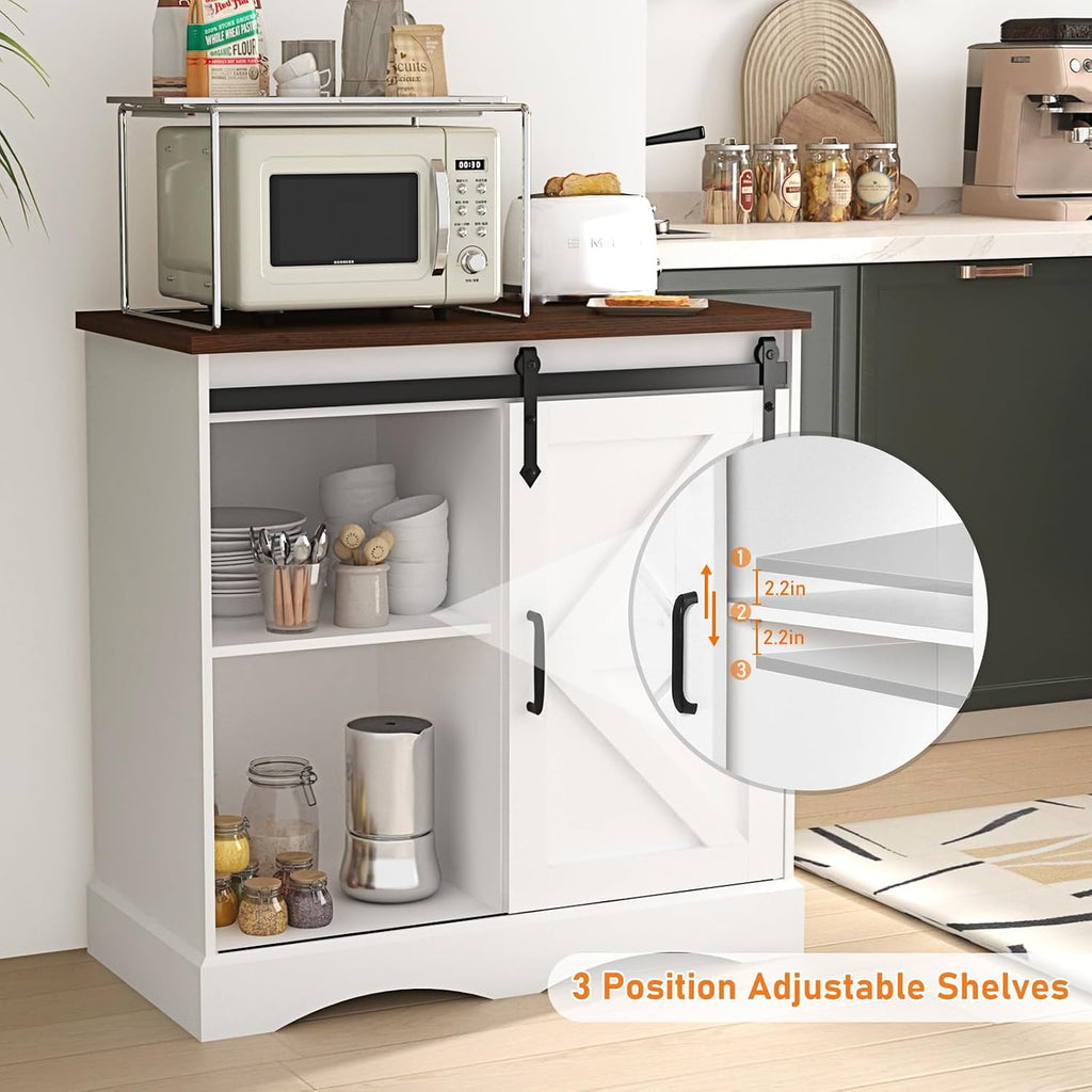 HOMFAMILIA 31.5" H Farmhouse Coffee Bar Cabinet w/Storage, White Kitchen Coffee Station with Sliding Barn Door, Rustic Buffet Cabinet with Adjustable Shelves, for Kitchen, Living Room, White