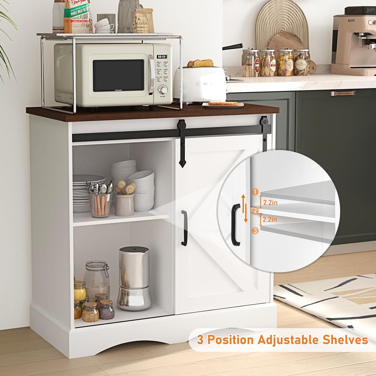 HOMFAMILIA 31.5" H Farmhouse Coffee Bar Cabinet w/Storage, White Kitchen Coffee Station with Sliding Barn Door, Rustic Buffet Cabinet with Adjustable Shelves, for Kitchen, Living Room, White