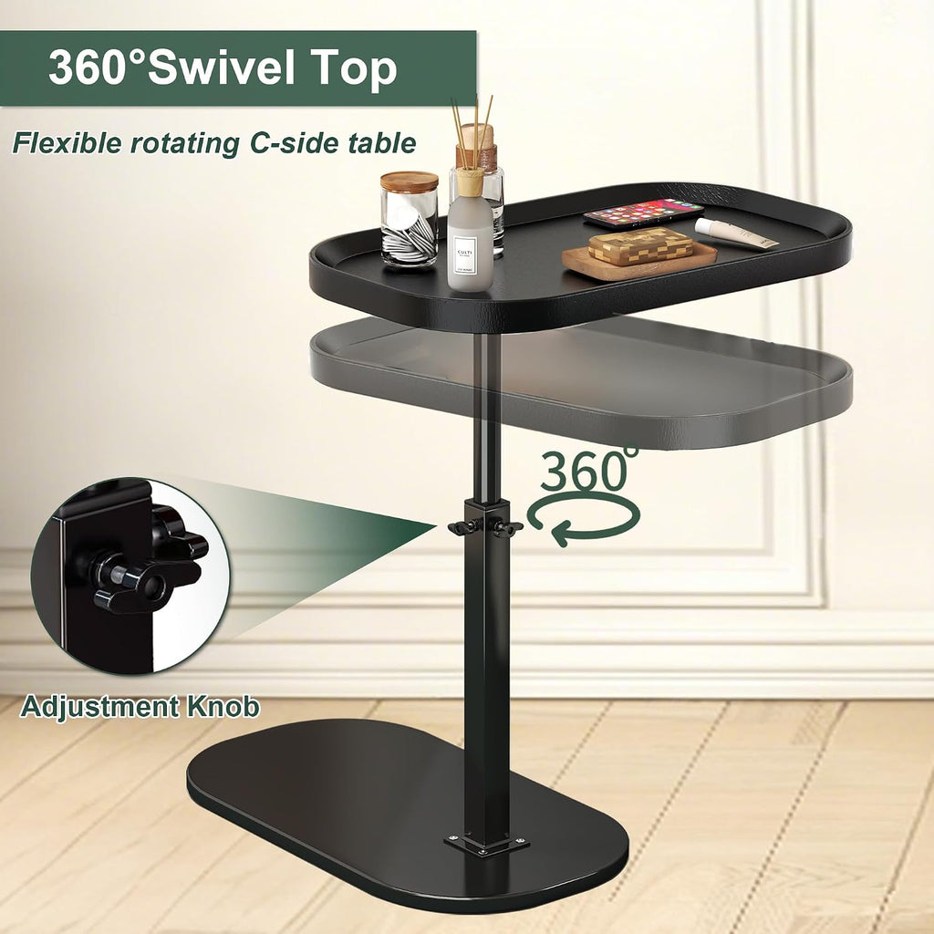 Adjustable Height C Shaped Side Table, Couch Tables That Slide Under, C Side Table Raised Edge, 360°Swivel C Shaped End Table, Small Coffee C Table, End Table for Sofa/Bed/Bathtub