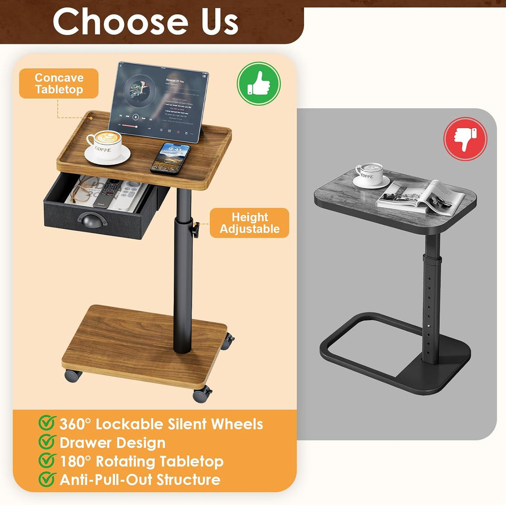 Cutogxon TV Tray Table with Wheels & Drawer,Adjustable Height C Shaped End Table for Eating,End Table with Swivel Top for Small Spaces, Sofa Side Table for Bedroom & Living Room（Walnut Brown）