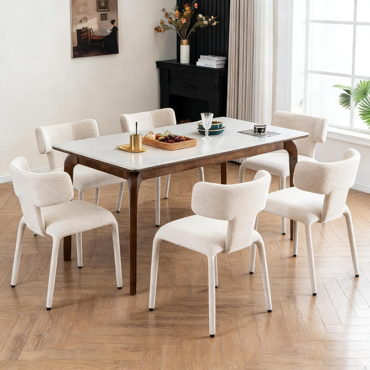 Kidol & Shellder Dining Chairs Set of 6, Modern Upholstered Dining Room Chairs with Curved Barrel Back, Armless Kitchen Chair with Metal Legs and Padded Seat for Living Room, Bedroom, Cafe Beige