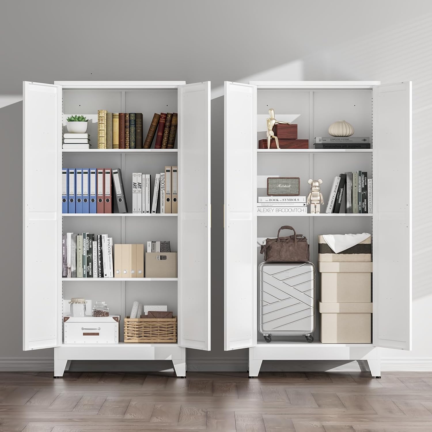 COFaR White Farmhouse Storage Kitchen Pantry Cabinet with 2 Barn Door, 3 Adjustable Shelves and Legs, for Cupboard/Dining Room/Bathroom/Living Room/Office/Laundry Room (White, 61" Farmhouse)