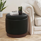 19" Round Swivel Storage Ottoman with Tray Top, Upholstered Faux Leather Foot Stool with Solid Acacia Wood Base 500 lbs Modern Accent Footrest for Living Room & Bedroom Fully Assembled Black