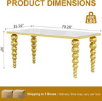 70" Rectangular Glass Dining Table for 6-8, White Tempered Glass Top with Gold Mirrored Stainless Steel Sphere Legs, Modern Luxury Dining Table for Kitchen and Dining Room