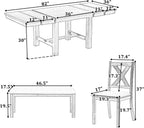 Merax 6-Piece Farmhouse Dining Table with Upholstered Chairs and Bench, Extendable Dining Table with Footrest and Two 11" Removable Leaf, Natural+Beige