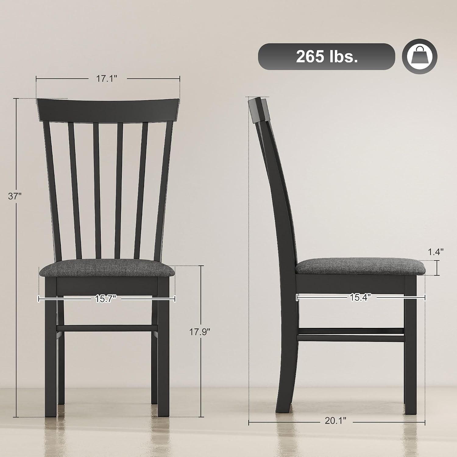 HOMCOM Wooden Dining Chairs Set of 2 Farmhouse Black and Gray | Upholstered Kitchen Chairs, Rubber Wood Frame, for Living Room, Dining Room