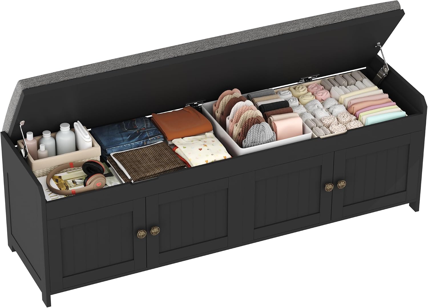 HOMEFORT 54.4" Shoe Bench with Lift Top Storage, Entryway Bench with Cushioned Seat, Wooden End of Bed Bench, Shoe Cabinet Bench with Hidden Storage Space, for Bedroom, Hallway,Black