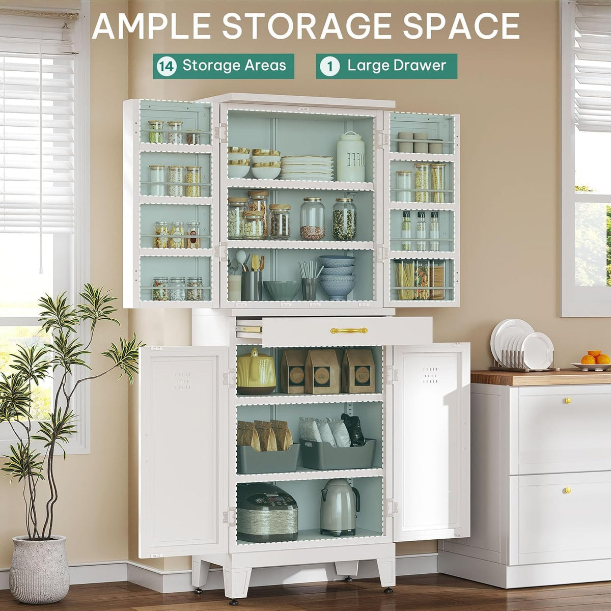 YITAHOME 71" Metal Kitchen Pantry Storage Cabinet with 4 Doors, 4 Adjustable Shelves, 1 Drawer and 8 Door Racks, Tall Freestanding Steel Cupboard for Home Kitchen Living Dining Room, White