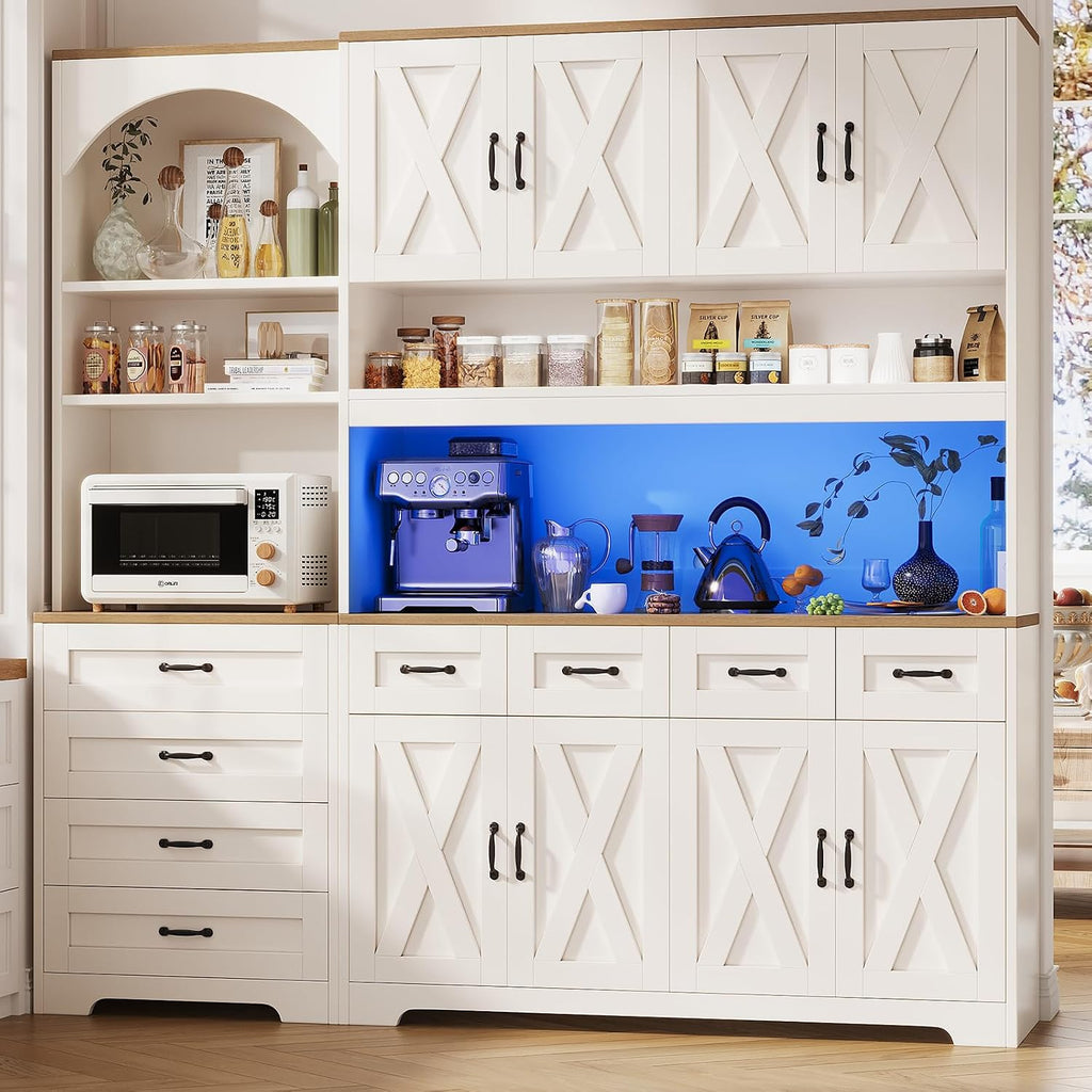 Kitchen Pantry Cabinet with 8 Drawers & Arched Open Shelf, Tall Farmhouse Storage Cabinet with Charging Station & RGB LED Light, Coffee Bar Cabinet for Dining Room, White