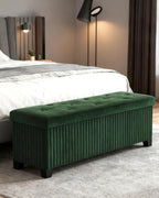 LITZFUR 43 Inches Storage Ottoman Bench, Velvet Foot Rest Stool, Green | Folding Ottoman with Legs, End of Bed Bench, Storage Chest for Living Room, Bedroom