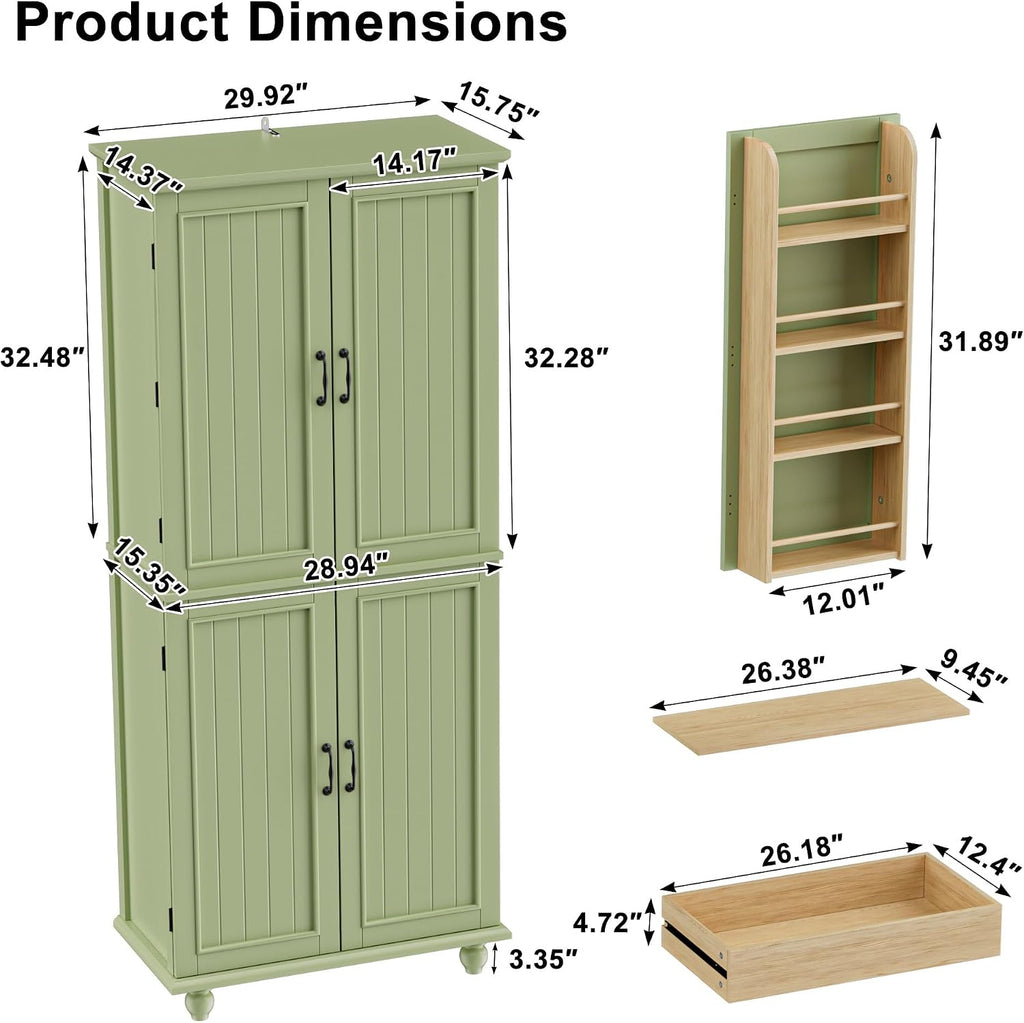 Scurrty Kitchen Pantry Cabinet, 69'' Pantry Storage Cabinet with 4 Doors and Shelves, Farmhouse Kitchen Cabinet with 3 Drawers, Freestanding Wooden Cupboard for Living Room and Dinning Room (Green)