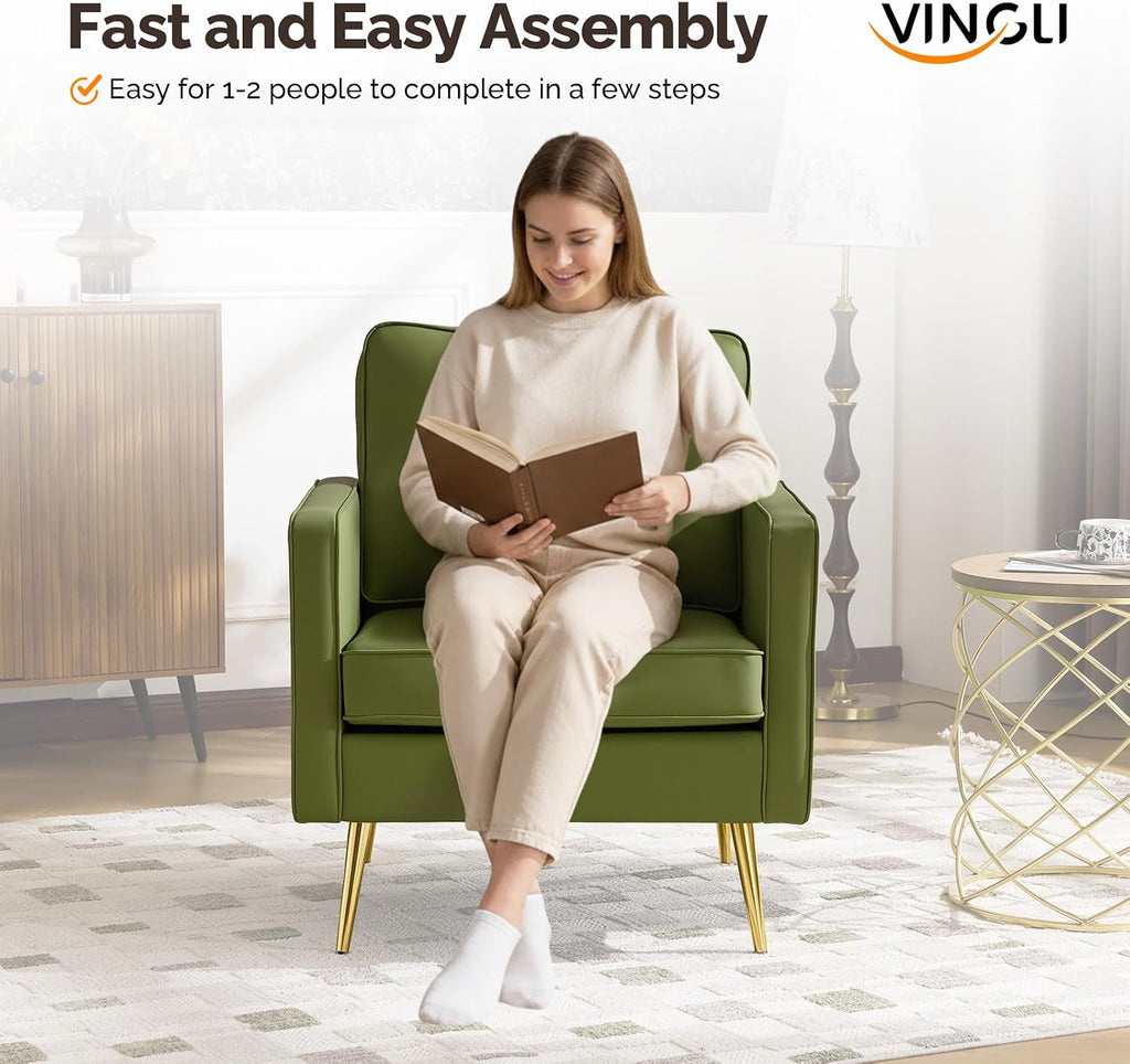 VINGLI Faux Leather Accent Chair with Gold Leg for Living Room, Small Space | Brown Armchair, Thick Foam Cushion, Durable Faux Leather PU, Sturdy 380 LB Frame, Elegant Gold Legs, Compact Modern Design