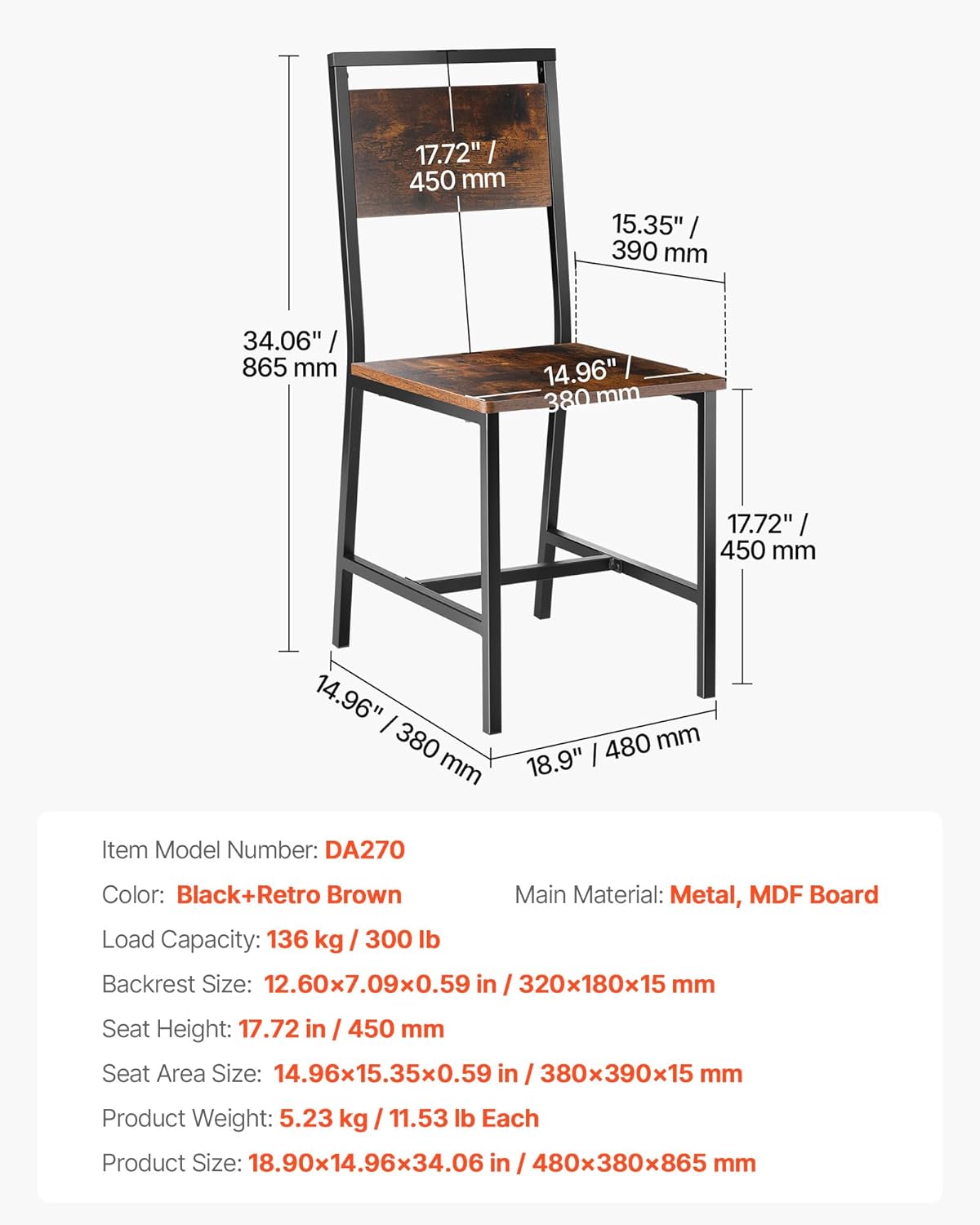 VEVOR Dining Chairs Set of 2, Wooden Chairs with Metal Frame and Backrest, Easy to Assemble Leather Side Chair, Modern Farmhouse Walnut Chair for Kitchen Living Room, Rustic Brown and Black