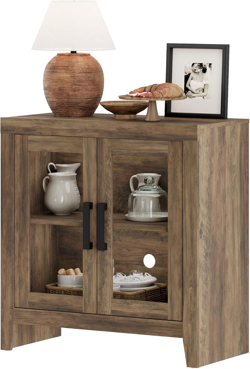 WAMPAT Buffet Cabinet with Storage, Kitchen Sideboard Cabinet with Glass Door and Adjustable Shelf, Modern Farmhouse Credenza Wood Coffee Bar Table for Kitchen, Dining Room, Living Room, Brown