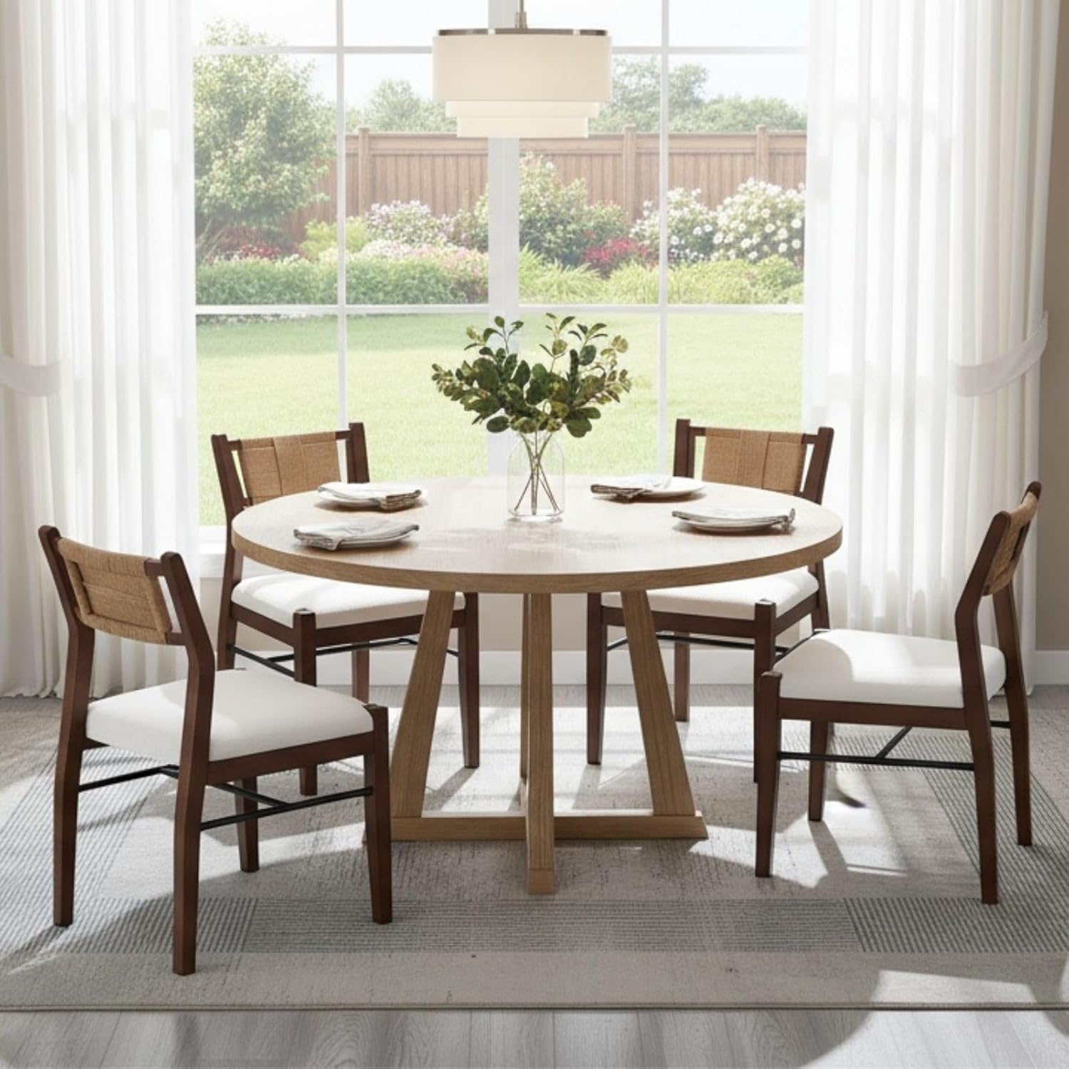BESTANO Modern Armless Dining Chairs with Rope Woven Back Set of 2, White Upholstered Kitchen & Dining Room Chairs, Mid-Century Classic Farmhouse Wooden Side Chair