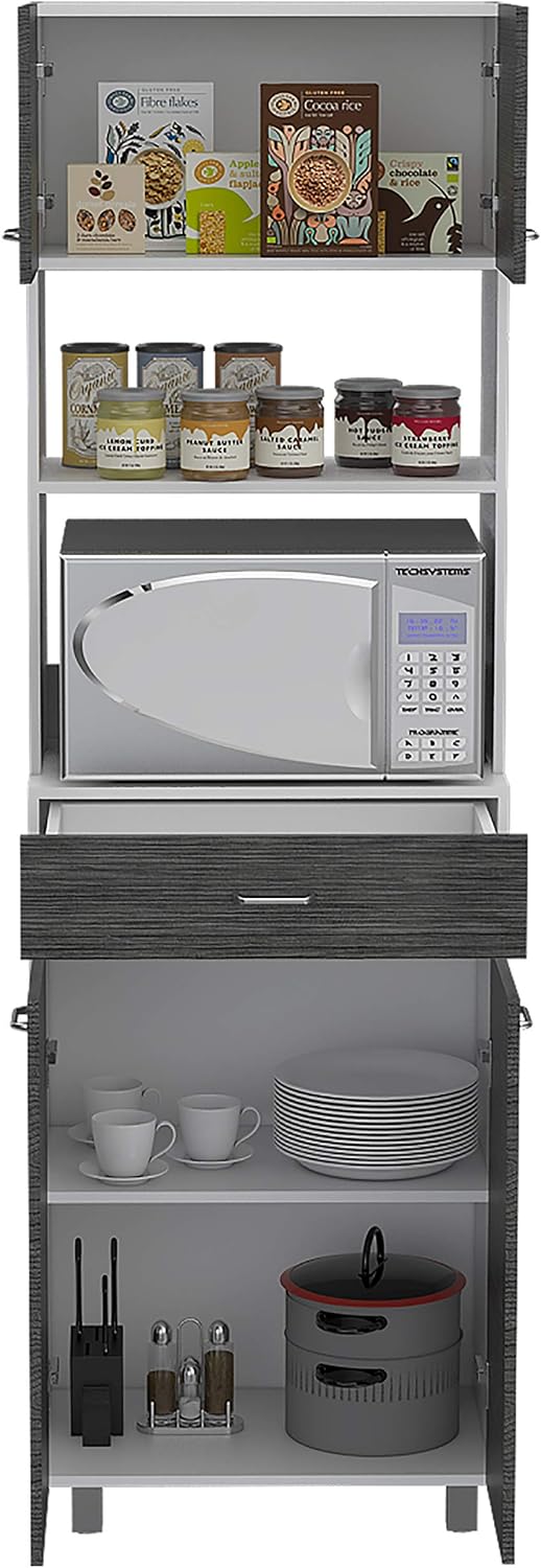 FM FURNITURE Auburn Microwave Pantry with 2 Cabinets, 2 Open Shelves, and Drawer, Smokey Oak/White