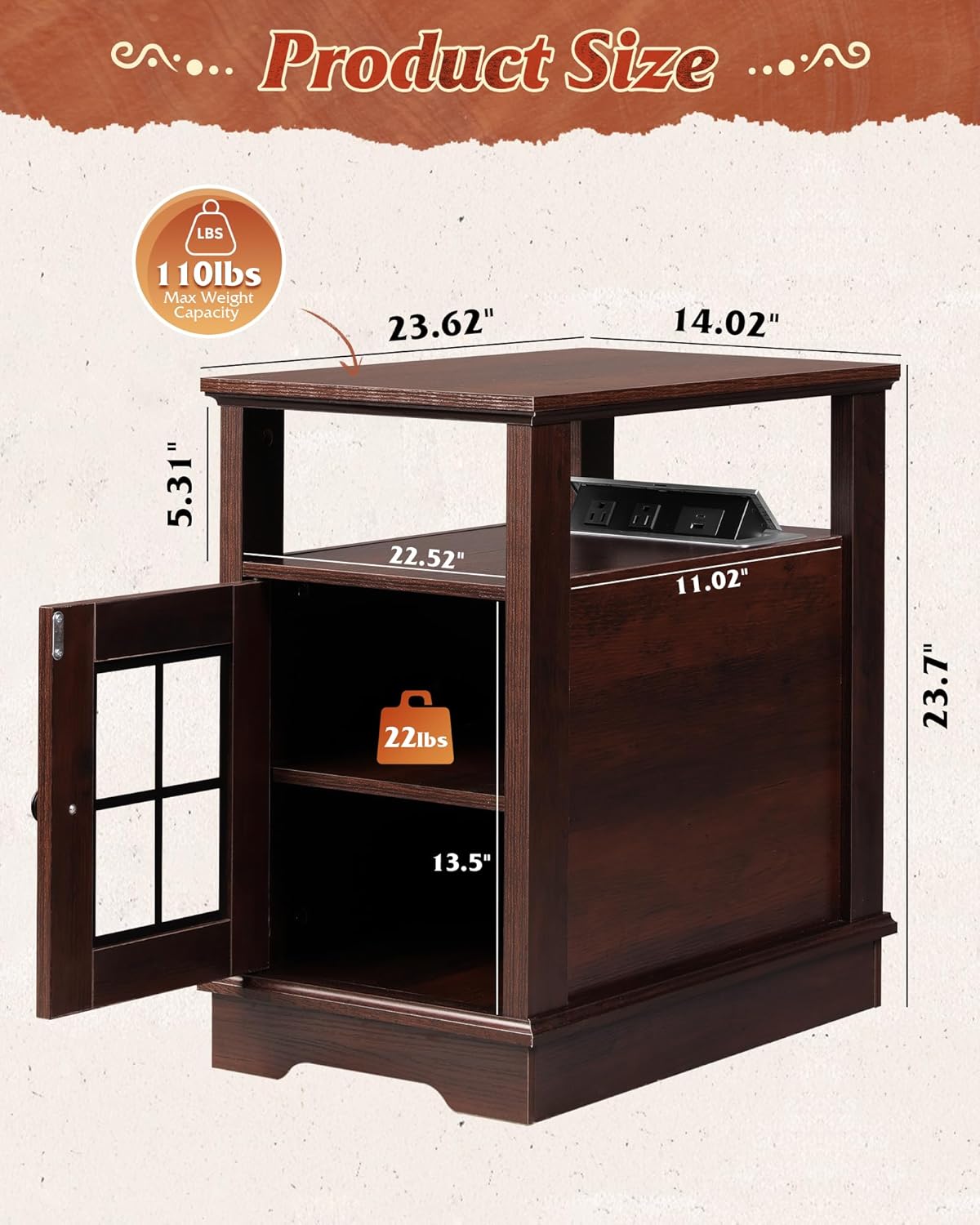 WLIVE Farmhouse End Table with Charging Station, Narrow Side Table with Storage, Small Nightstand with USB Ports and Outlets ，Bedside Cabine for Bedroom, Living Room,Espresso