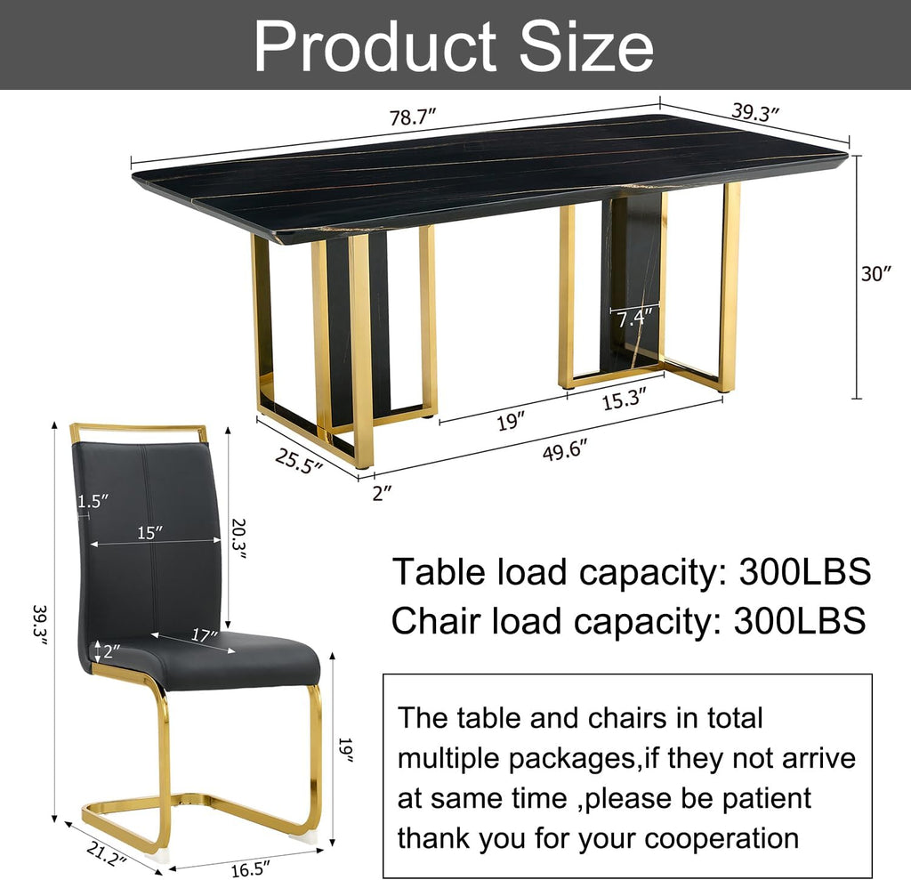 79'' Modern Dining Table Set for 10, Black Kitchen Table with 1.8" Thick Faux Marble Top & 10 PU Leather Chairs, Luxury Dining Room Furniture Set for Kitchen/Dinner Room