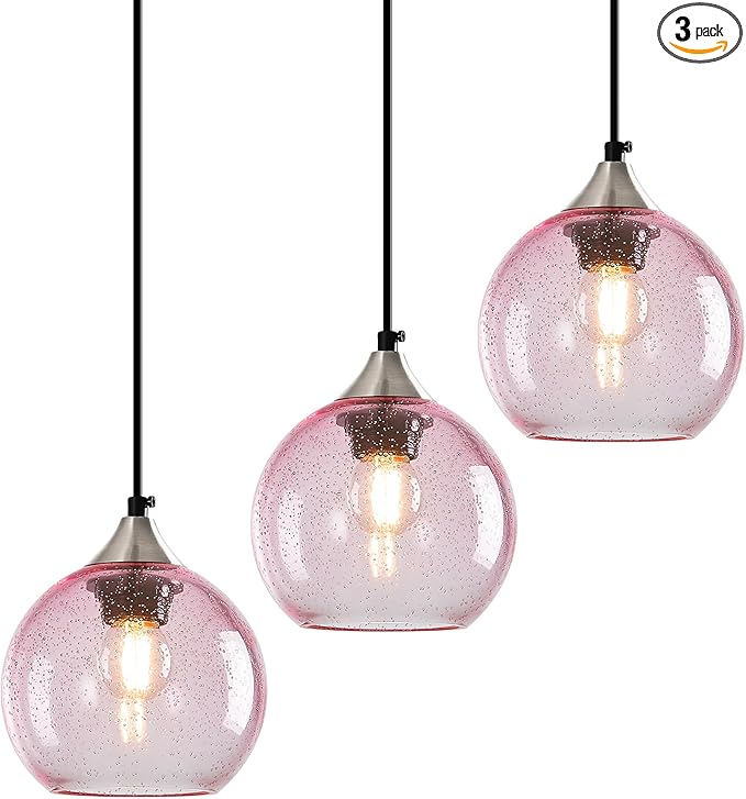 Pink Glass Pendant Lights Kitchen Island Globe Pendant Light Fixtures Modern Pendant Lighting for Bedroom Living Dining Room Light Fixture (5.9 in, 3 Pack)