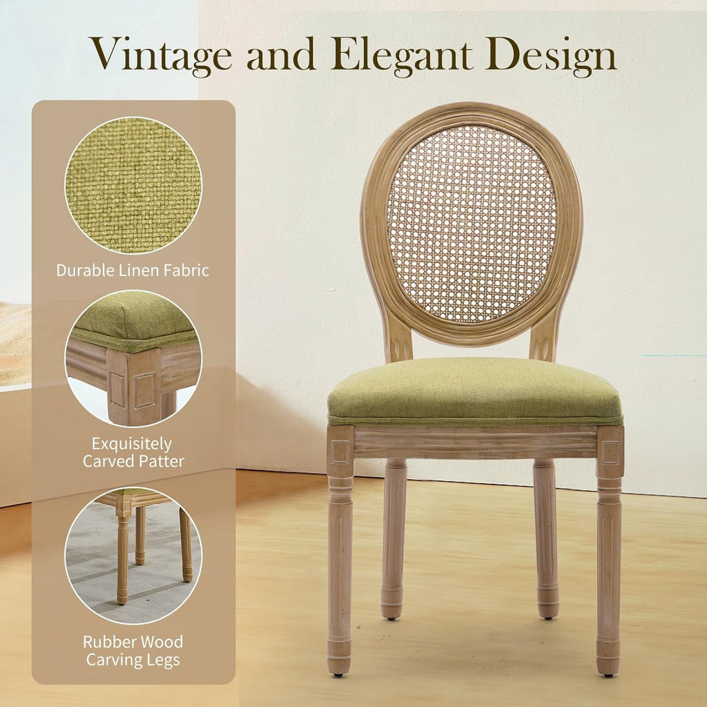 French Country Dining Chairs Set of 4，Fabric Upholstered Dining Chair with Round Back and Solid Leg, Rattan Kitchen Chairs for Dining Room, Living Room, Kitchen, Olive Green
