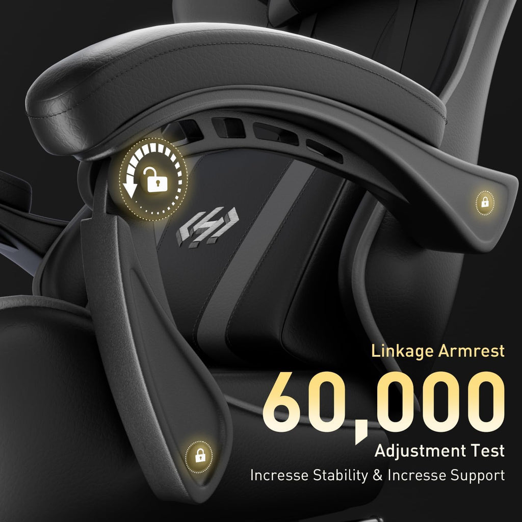 HLDIRECT Gaming Chair with Footrest, Lumbar Support & Headrest, Black&Grey | Ergonomic, 90°-135° recline, adjustable height & 360° swivel, PU leather and 45D foam, for adult gaming, work & relaxing