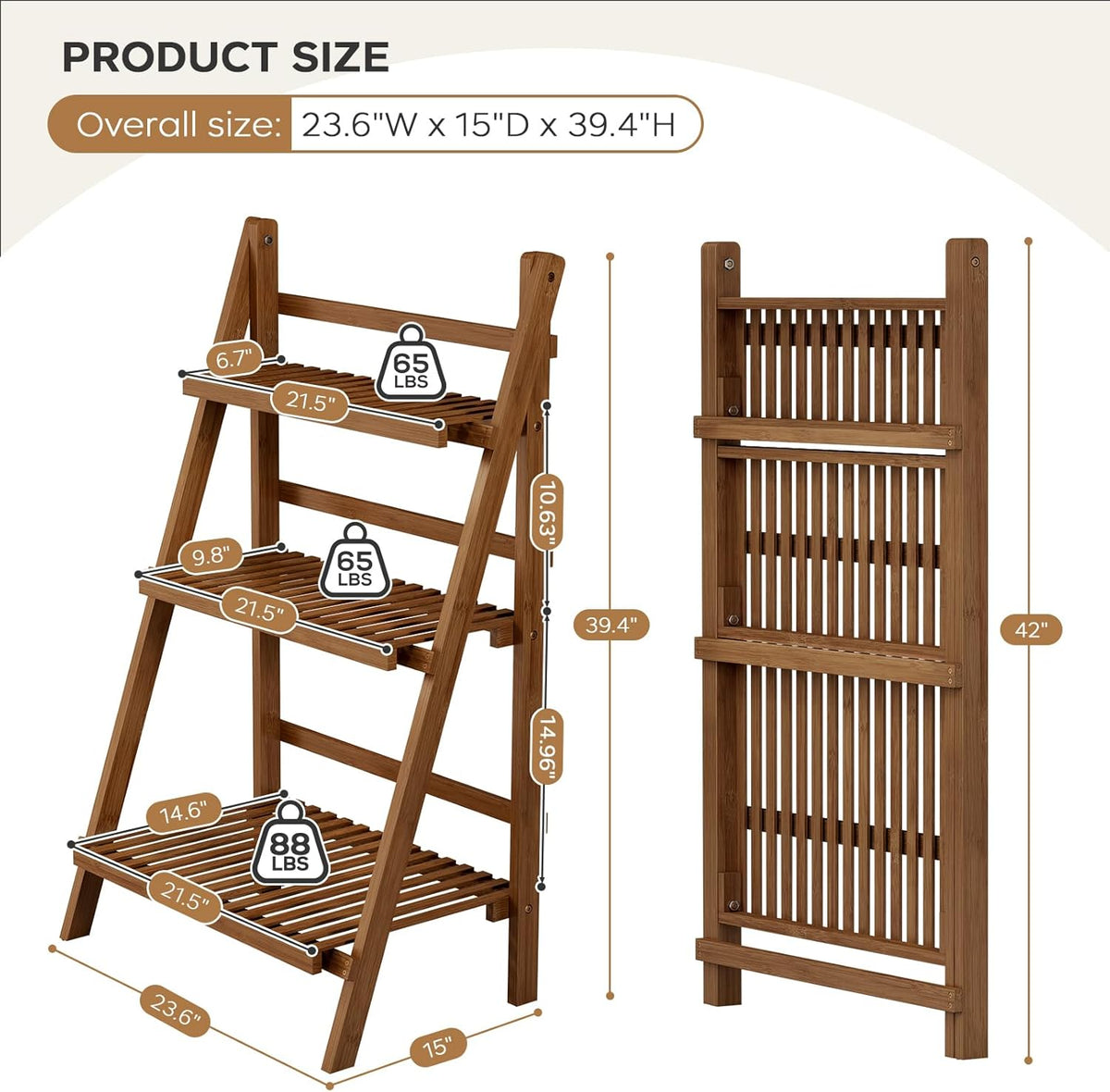Bamboo Ladder Shelf 3-Tier Foldable Plant Stand, 23.6"W x 15"D x 39.4"H Freestanding Flower Pot Display Rack for Garden, Balcony, Patio, or Living Room, Walnut