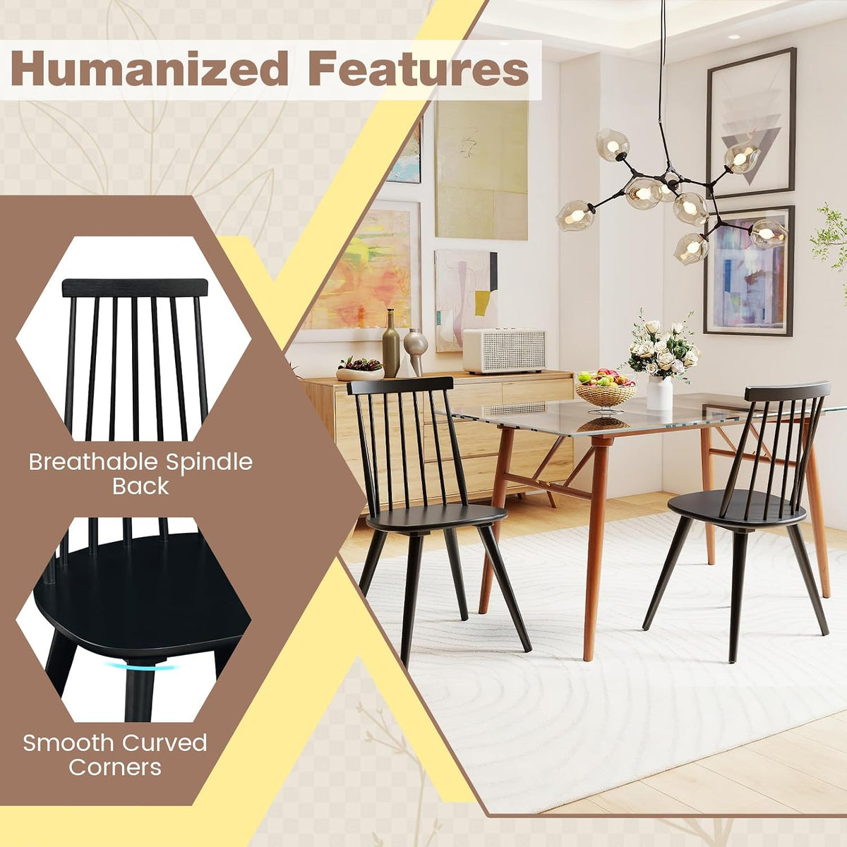 GOFLAME Windsor Dining Chairs Set of 2, Farmhouse Kitchen Chairs with Rubber Wood Frame, Slat Spindle Back, Armless Side Chairs for Dining Room, Living Room, Restaurant