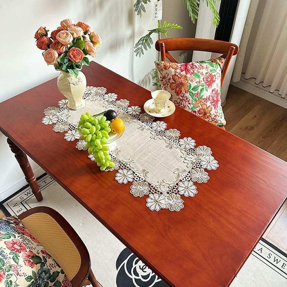 European Style Linen Runner Table with Lace Trim for Home Tables, Rectangular Shape, Suitable for Dining Room and Decoration (40 x 80 cm)