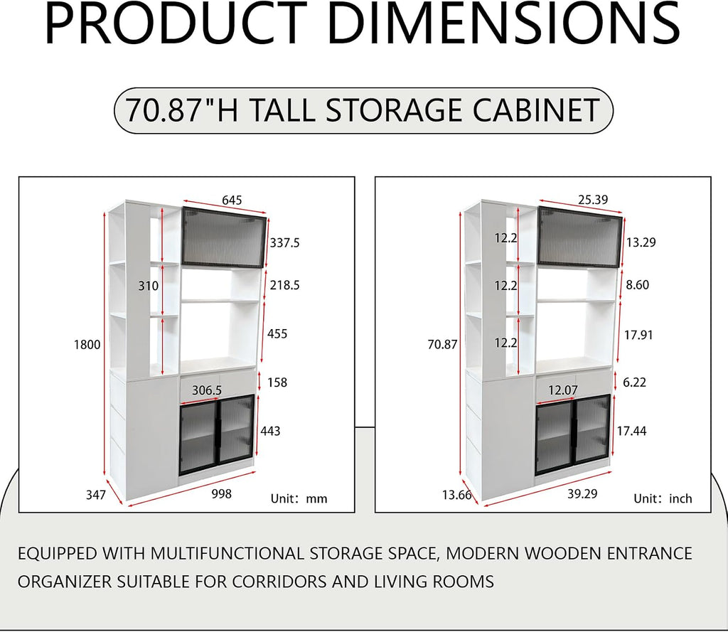 71 Inch Wood Pantry Cabinet with Glass Doors, 39 Inch Wide Freestanding Kitchen Storage Cabinet for Microwave and Coffee Bar, Modern Sturdy Tall Pantry Cabinet with Shelves & 5 Drawers, (White)