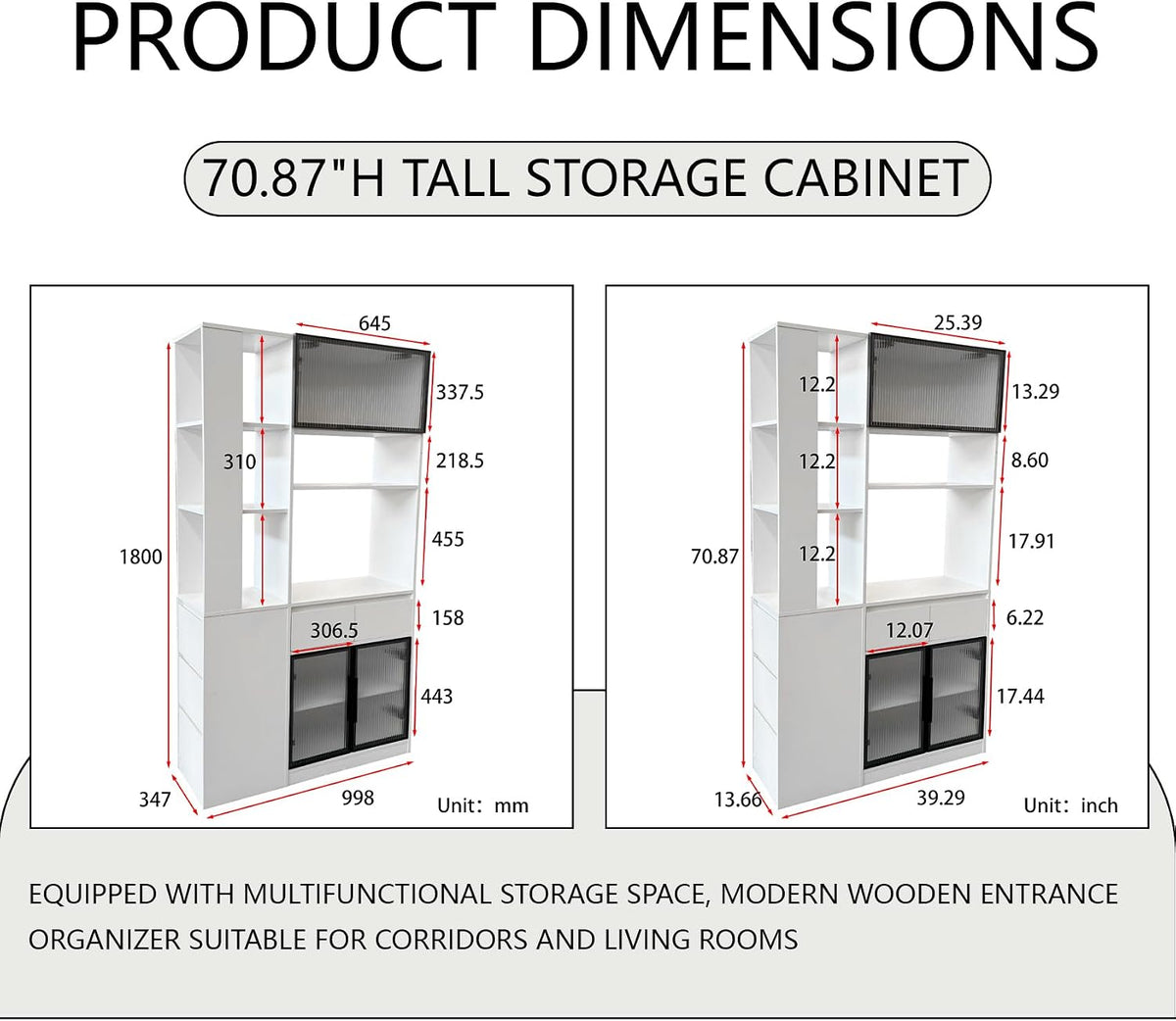 71 Inch Wood Pantry Cabinet with Glass Doors, 39 Inch Wide Freestanding Kitchen Storage Cabinet for Microwave and Coffee Bar, Modern Sturdy Tall Pantry Cabinet with Shelves & 5 Drawers, (White)