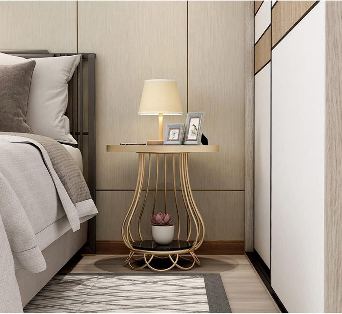 Mushroom-Shaped Marble Table, Double-Layer Shelf, Bedside Table, Telephone Table, Sofa Balcony Small Round Table, Large Table Top 50 Cm, Small Table Top 26 Cm(Size:50 * 60cm,Color:B)