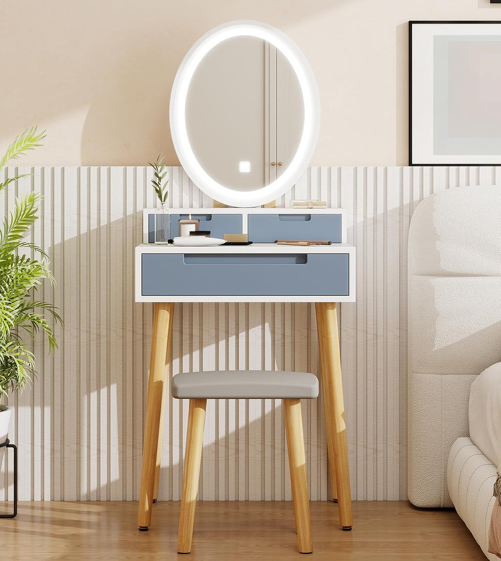 YOURLITE Small Makeup Vanity Desk with Mirror and Lights | Compact Vanity, 3 Lighting Modes, Adjustable Brightness, 3 Drawers, Cushioned Stool