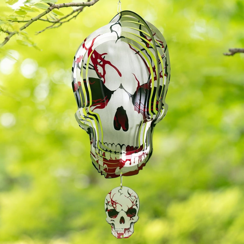 Skull Wind Spinner Halloween Decor 12inch Stainless Steel Garden Wind Spinner Outdoor 3D Kinetic Hanging Wind Sculptures Metal Yard Art Unique Gift Home Decorations