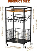 Fruit Vegetable Cart, 3-Tier Snack Kitchen Cart on Wheels & Wood Top, Utility Shelf Rack Organizer for Fruit, Vegetables, Potato, Snack, Brown