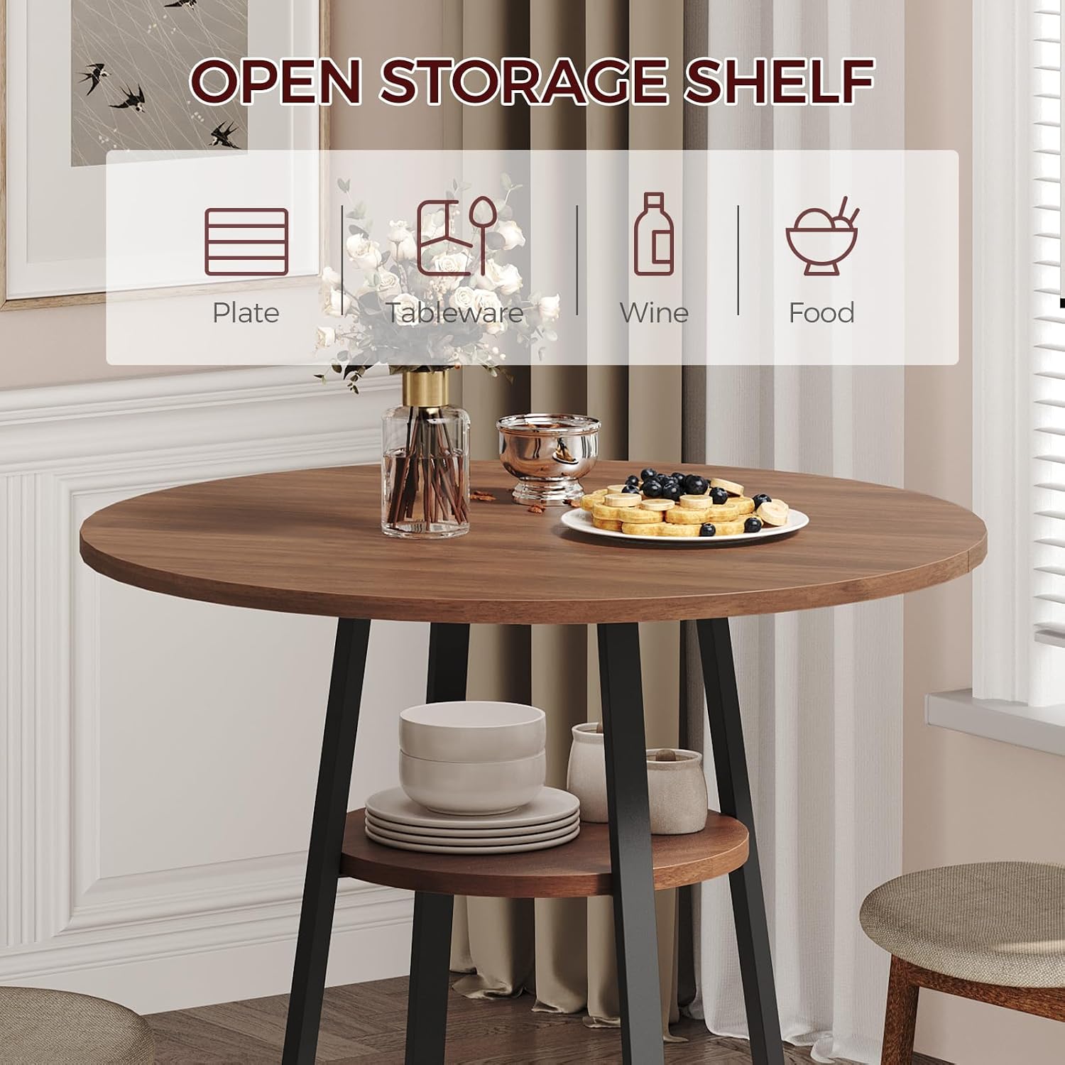 MAHANCRIS 31.5" Round Dining Table for 2-4, Farmhouse Kitchen Table with Storage Shelf, Small Circle Dining Table Space Saving, for Dining Room, Kitchen, Living Room, Walnut and Black DTHZ8201