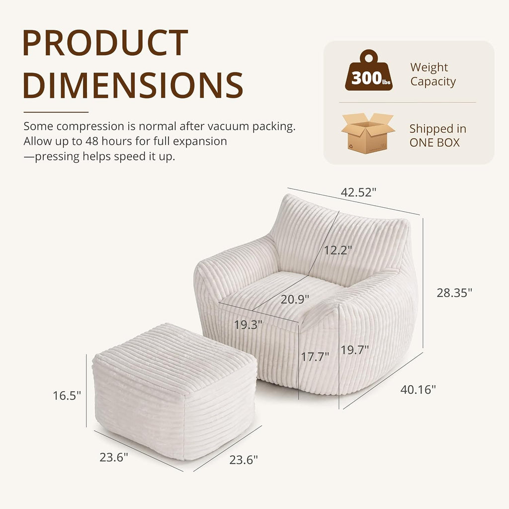 Giant Bean Bag Chair for Adults, Large Bean Bag with Ottoman | Cloud Comfy Bean Bag with Backrest & Armrests, Stuffed Beanbag Chair for Reading, Gaming, Napping, Beige
