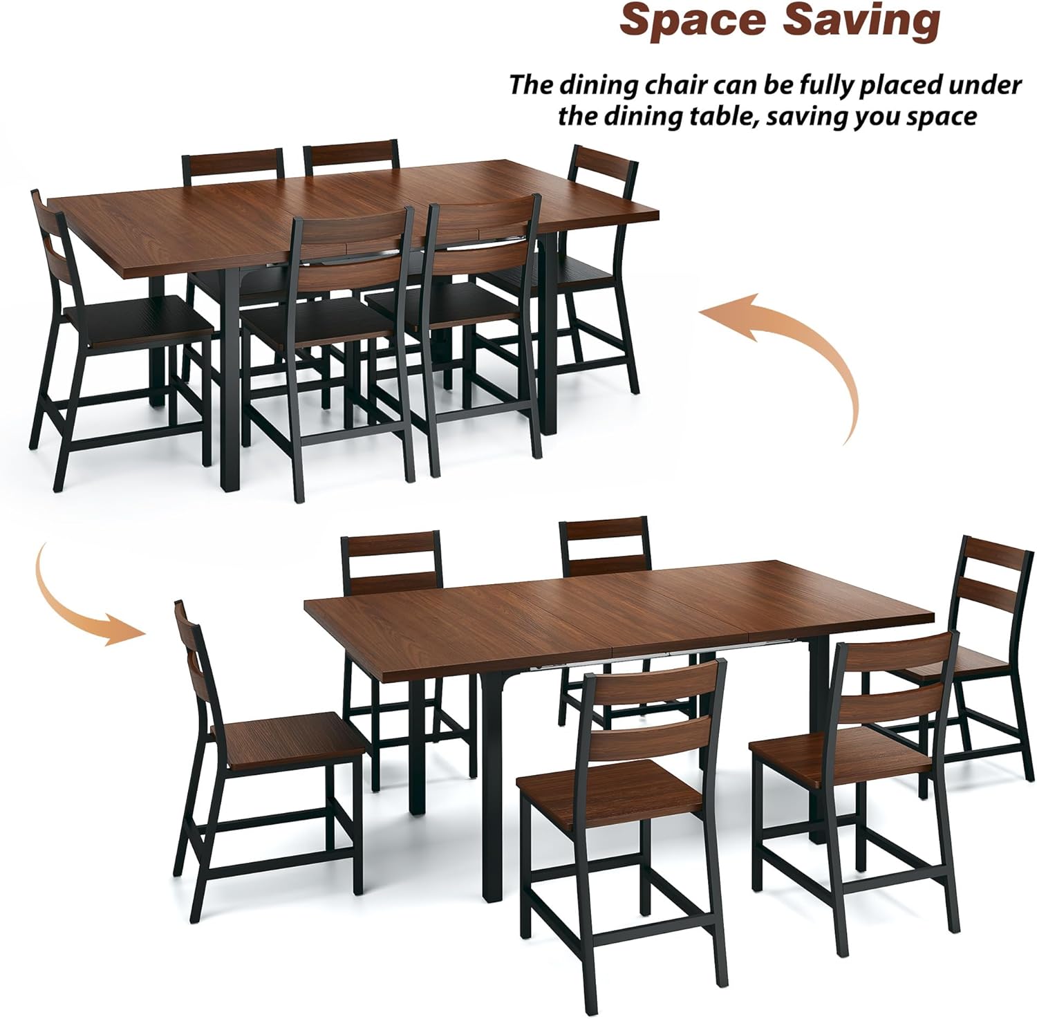 ALEXNUTRE 7-Piece Dining Table Set for 4-6, 63" Large Extendable Kitchen Table Set with 6 Chairs, Curved Backrest, Dining Room Table with Solid Metal Frame & MDF Board, Easy Assembly, Walnut