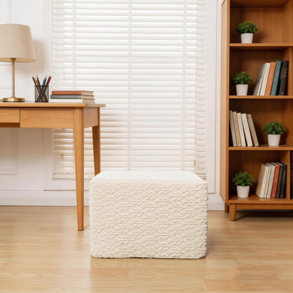 Square Stuffed Pouf Ottoman Poufs with One-Piece Seamless Foam Filling, Furry and Fluffy Pouf Foot Stool, 20 X 14 Floor Poufs Ottoman Foot Rest for Living Room (Cream)