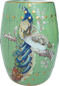 Hand-Painted Floral Bird Ceramic Drum Stool - Oriental Artistry Storage Ottoman, Accent Seat, End Table (Peacock‘s Majestic Bloom（Green）)