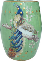 Hand-Painted Floral Bird Ceramic Drum Stool - Oriental Artistry Storage Ottoman, Accent Seat, End Table (Peacock‘s Majestic Bloom（Green）)