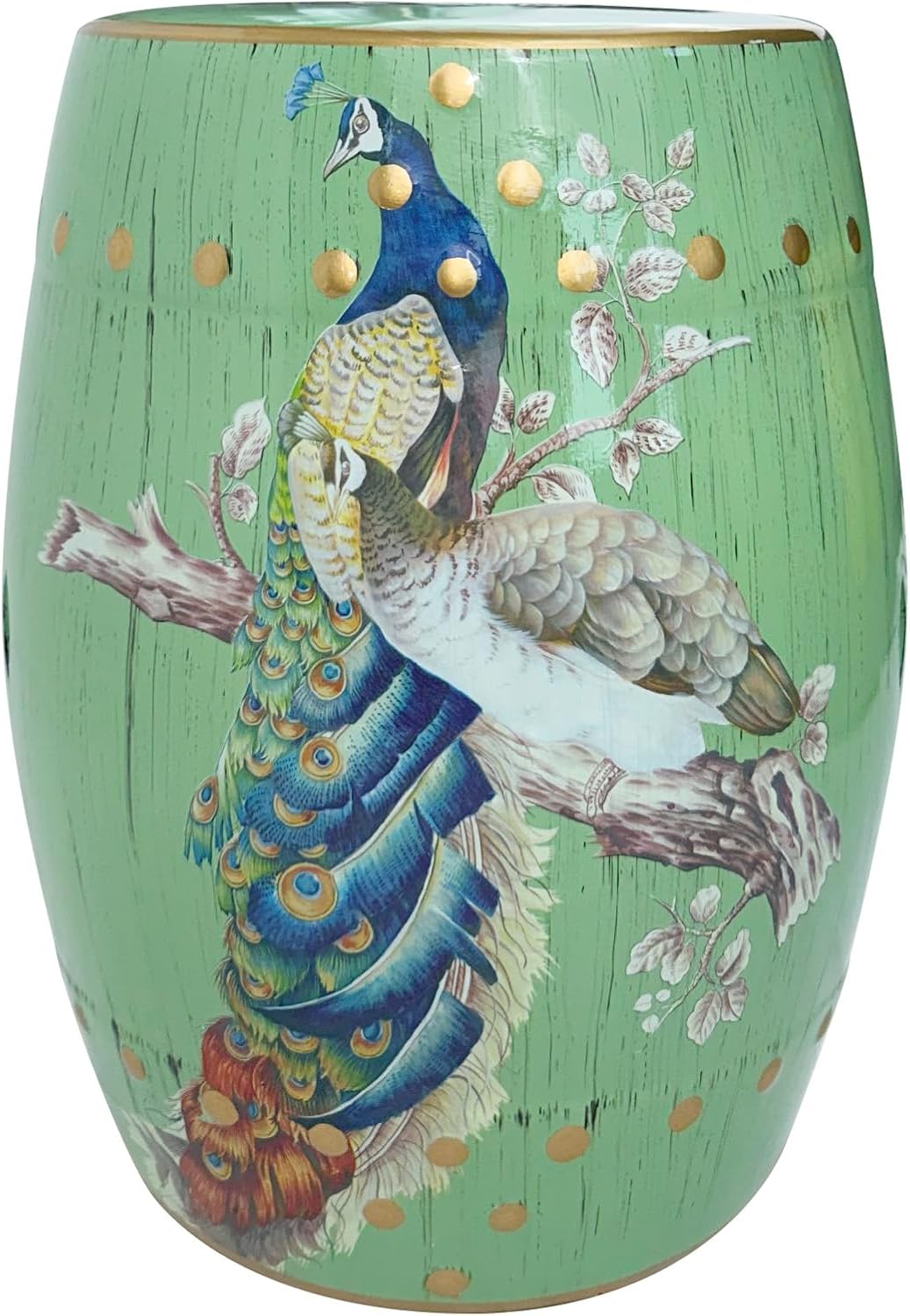 Hand-Painted Floral Bird Ceramic Drum Stool - Oriental Artistry Storage Ottoman, Accent Seat, End Table (Peacock‘s Majestic Bloom（Green）)