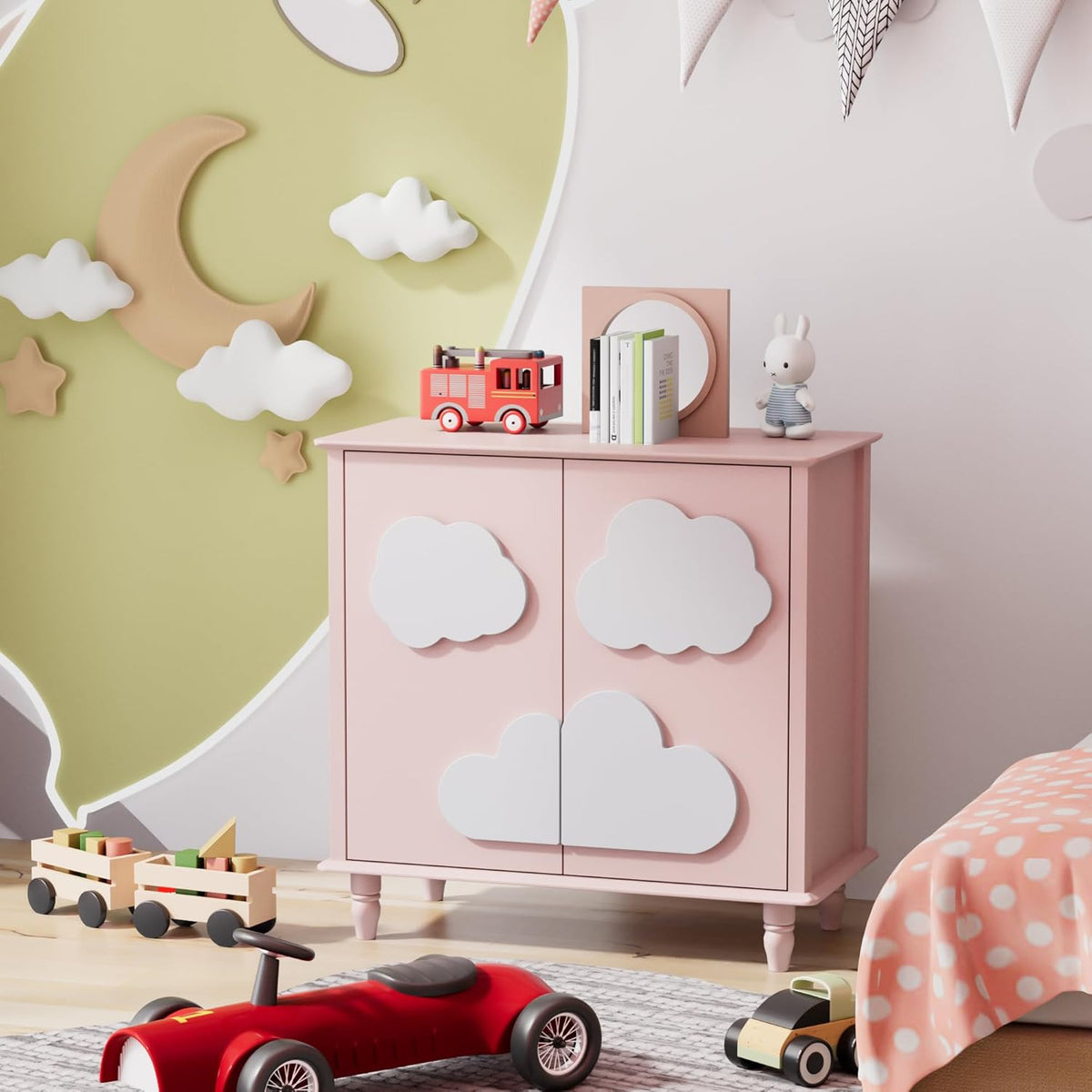 Anbuy Sideboard Buffet Cabinet with Storage 2 Doors, 31.5'' Cloud Buffet with Decoration, Scalloped Coffee Bar with Adjustable Shelf for Kitchen, Living Room (Pink & White)