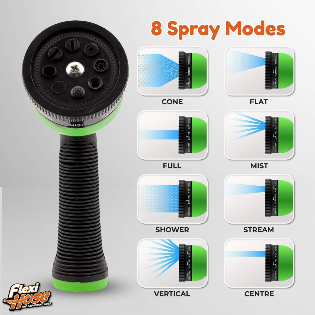 Flexi Hose with 8 Function Nozzle, 50FT - Lightweight Expandable Garden Hose, No-Kink Flexibility, 3/4 Inch Solid Brass Fittings and Double Latex Core - Black and Green