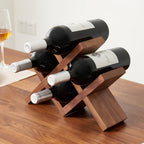Solid Oak Wine Rack Countertop, 4 Bottle Tabletop Wine Holder - No Assembly Free Standing Wood Display for Kitchen, Bar, Office, Living Room | Walnut
