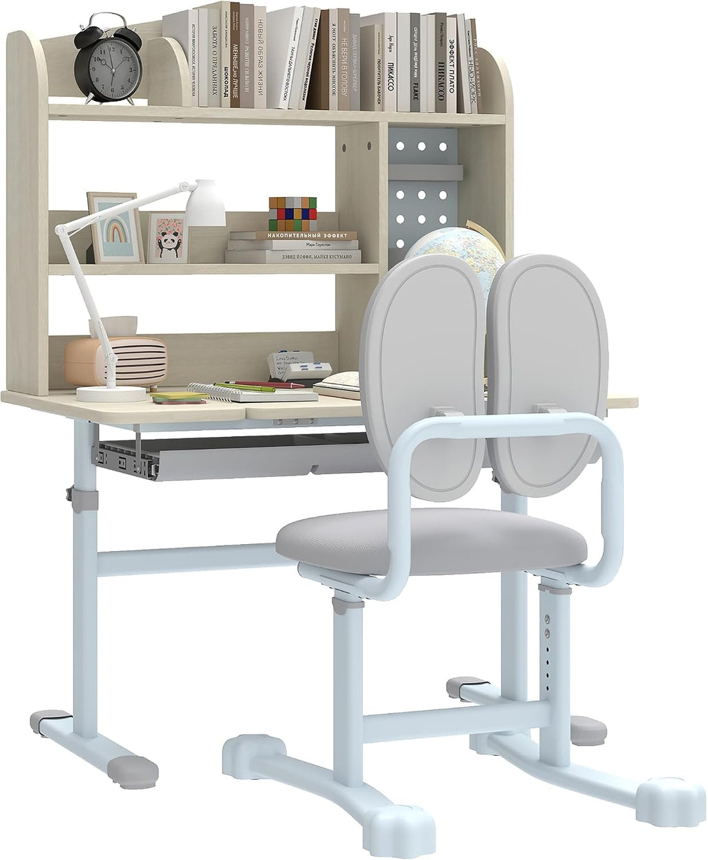 Brilluxa Kids Study Desk Set, Adjustable Student Desk and Chair with Tiltable Desktop, Hutch and Drawer for Ages 3-12, Homework Station for Bedroom, Gray