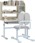 Brilluxa Kids Study Desk Set, Adjustable Student Desk and Chair with Tiltable Desktop, Hutch and Drawer for Ages 3-12, Homework Station for Bedroom, Gray