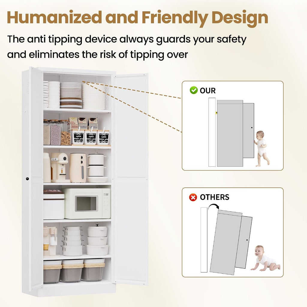 Kitchen Pantry Cabinet, 72" Tall White Metal Storage Cabinet, Kitchen Storage with 2 Doors and 5 Adjustable Shelves, Freestanding Cupboard for Living, Dining Room and Bathroom,Assemble Required