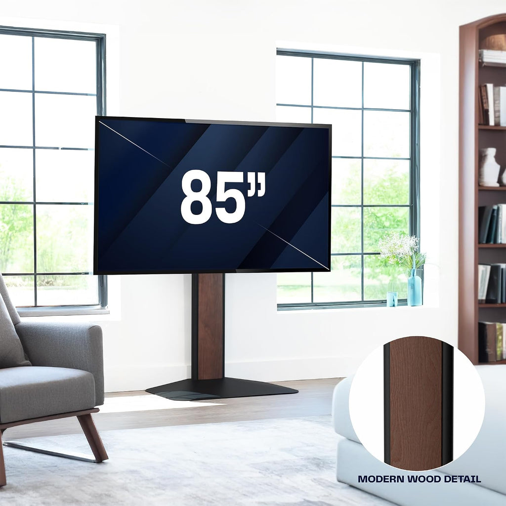 VIVO Dual-Column TV Floor Stand for 32” to 85” Screens with Heavy Duty Base, Tilting Mount with 5 Set Height Adjustments, Black and Dark Walnut, STAND-TV85JS