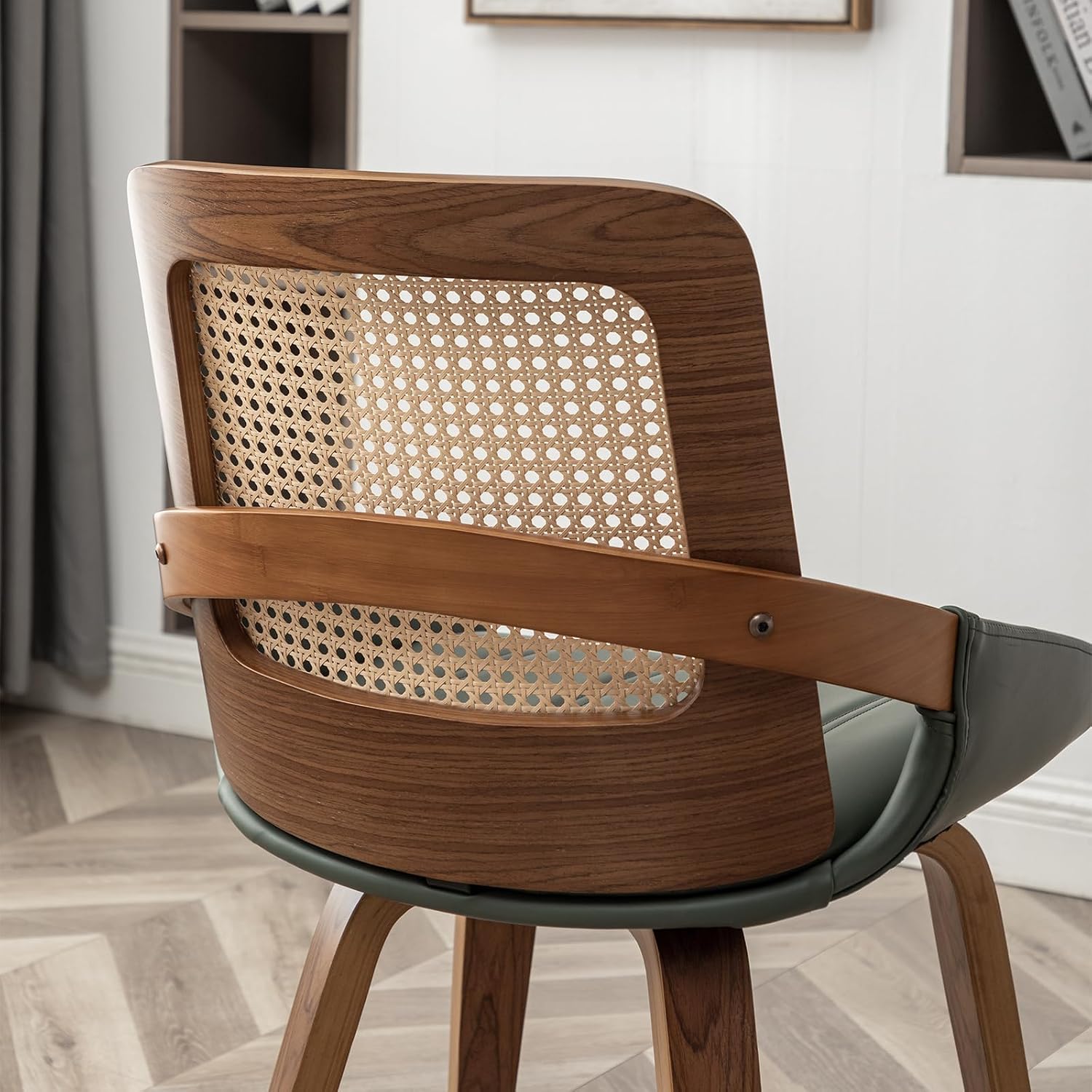 Set of 2 Kitchen & Dining Room Chairs - Green Dining Chairs with Walnut Bentwood Frame, Ergonomic Rattan Back, Curved Arms, Rattan Dining Chairs for Living Room/Reception/Kitchen/Desk (Walnut Green)