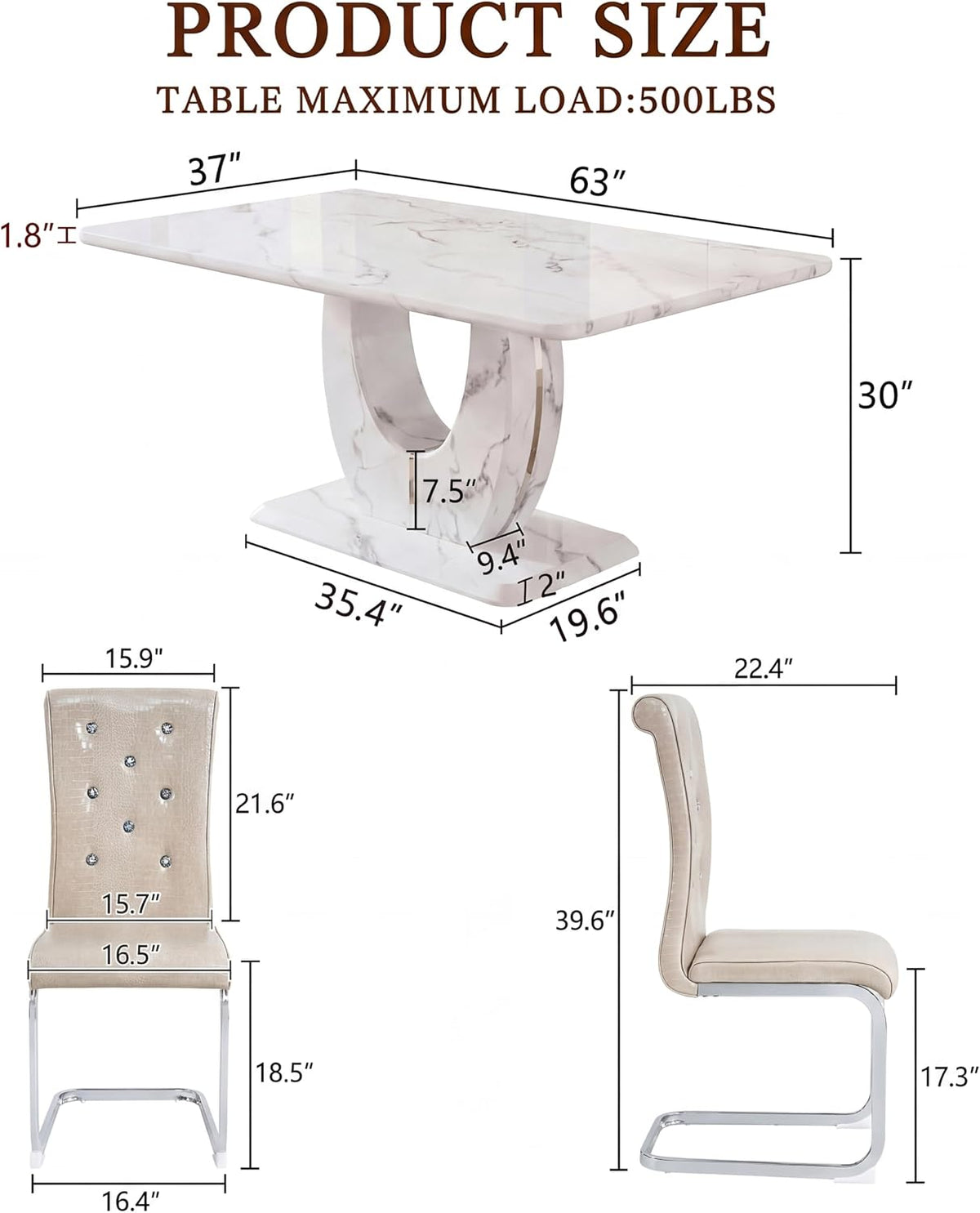 Dining Table Set for 6, Kitchen Table Chairs Set of 6, Modern Dining Room Set 63'' Marble Dinner Table PU Leather Upholstered Chairs for Kitchen (Beige-cro)